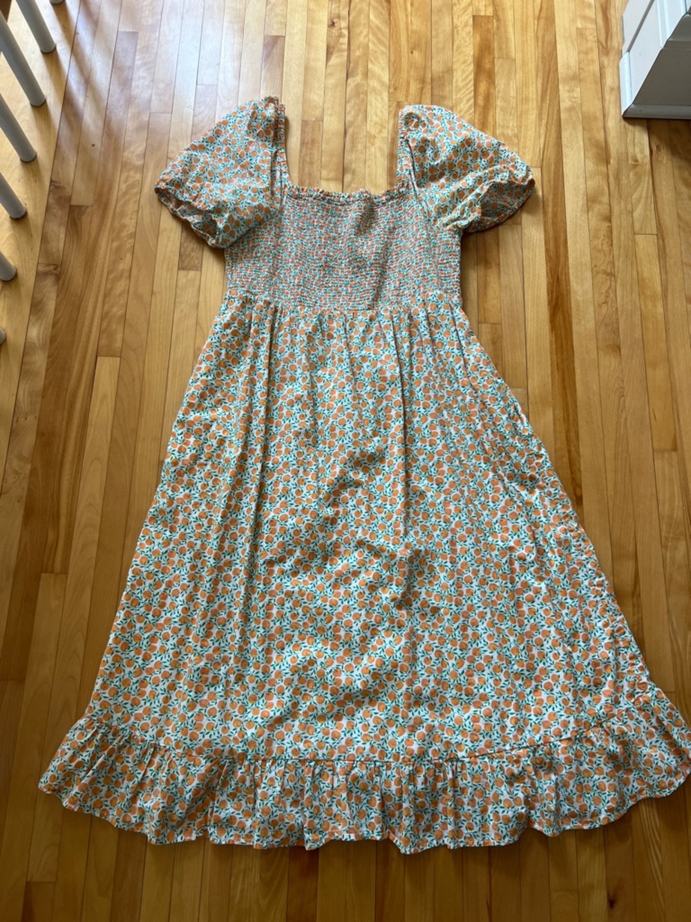J. Crew Orange Floral Midi Dress with Puff Sleeves
